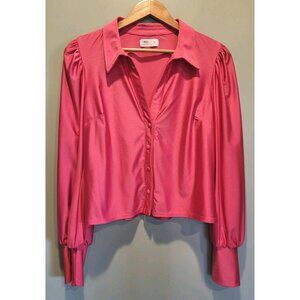 Pink Stretch Satin Long Sleeve V Neck Collared Button Up Top Sz L Tinsel